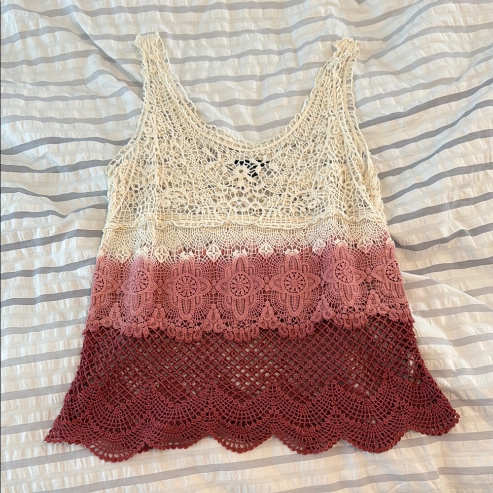 American Eagle Outfitters Cream and Pink Cropped Asymmetrical Tank Top